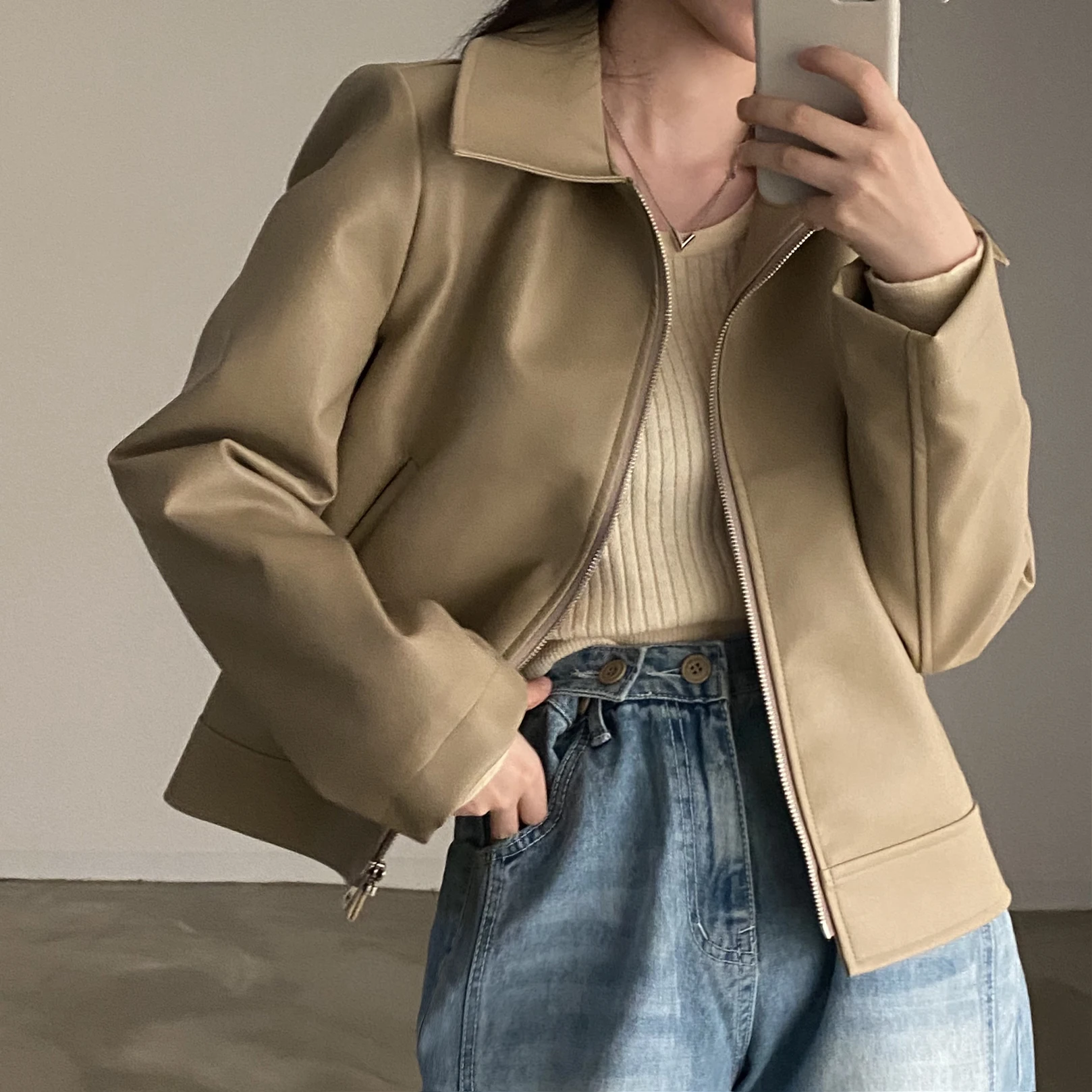 معطف Sli Biker Leather Jaet للسيدات كوري بسيط من Faion Cool Girl متعدد الاستخدامات للخريف والشتاء طويل بسحاب #2