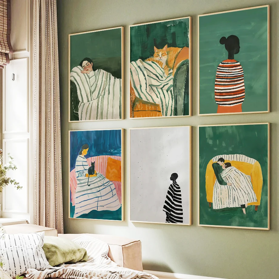 

Woman Cat Abstract Wall Art Posters Coffee Shop Prints Canvas Decorative Painting Decoration Mural Pictures Living Room Decor