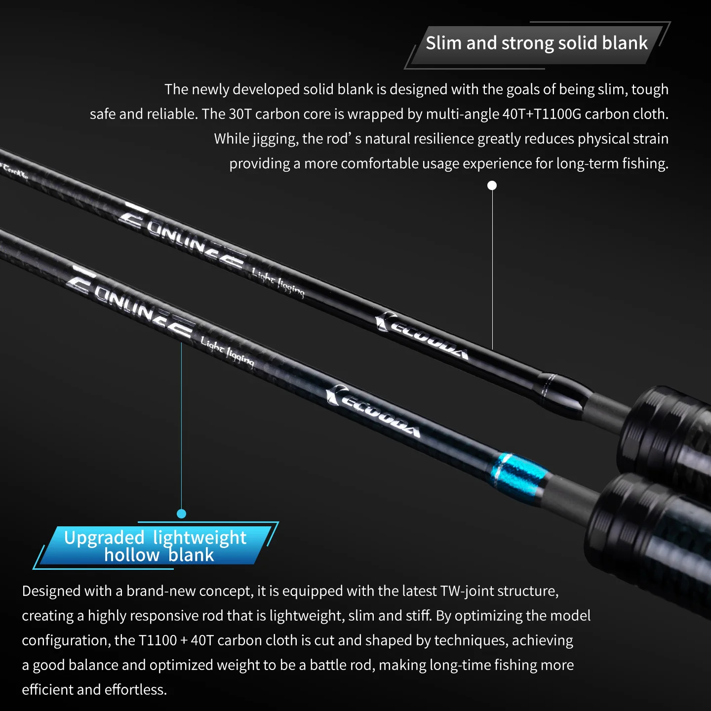 Ecooda Online II light jigging rod slim and srtrong soild blank upgraded lightweight hollow blank T1100 40T carbon cloth