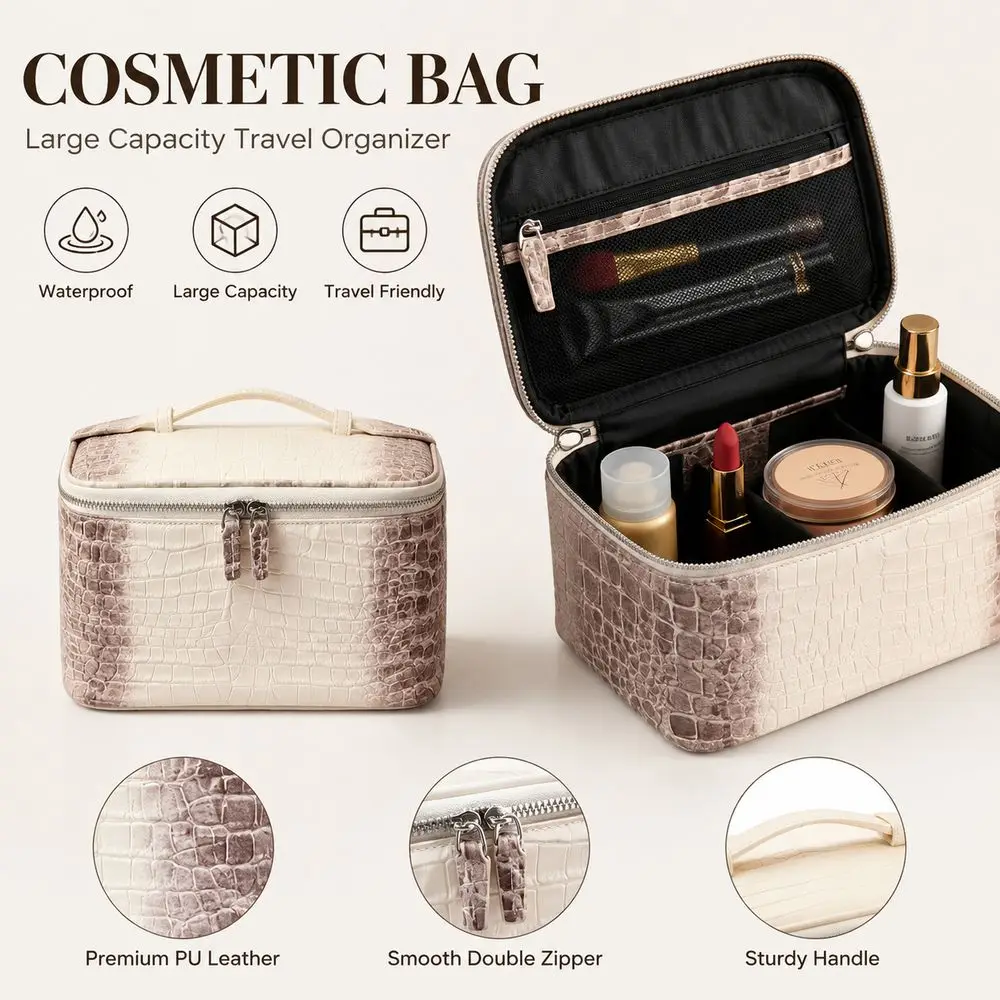Cosmetic Storage Case Makeup Bag Crocodile Embossed PU Leather Cosmetic Organizer Bag Double Zipper Multiple Compartments