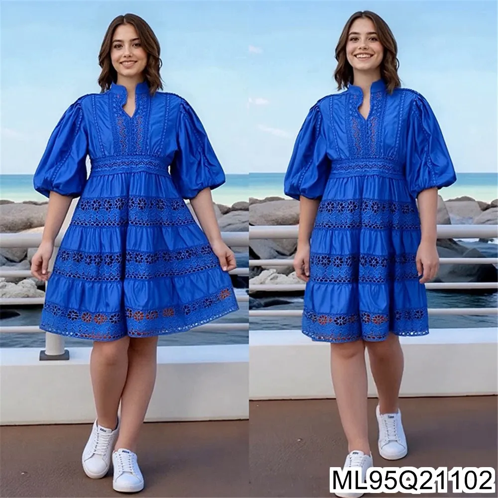 

Европейский и американский бестселлер, женское платье в стиле ретро с кружевной отделкой, воротником-стойкой, рукавами-фонариками и большими качелями ML95Q211