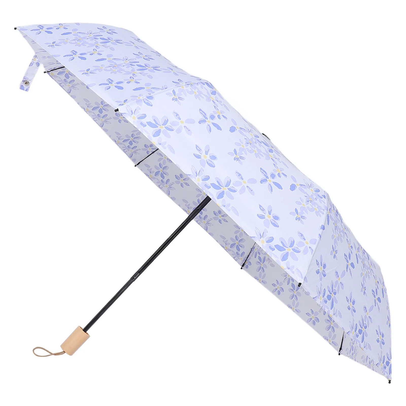 

Elegant Floral Folding Umbrella Sturdy Wooden Handle Compact Windproof Rain Protection Flower Pattern Travel Umbrella