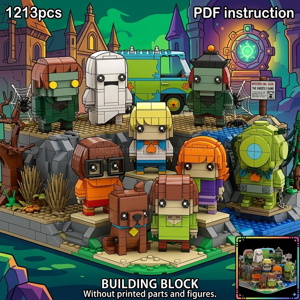 MOC Classic Mystery Cartoon Squad Cube Figures Building Blocks Retro Detective Dog Monster Hunter Team Display Brick Set Adult