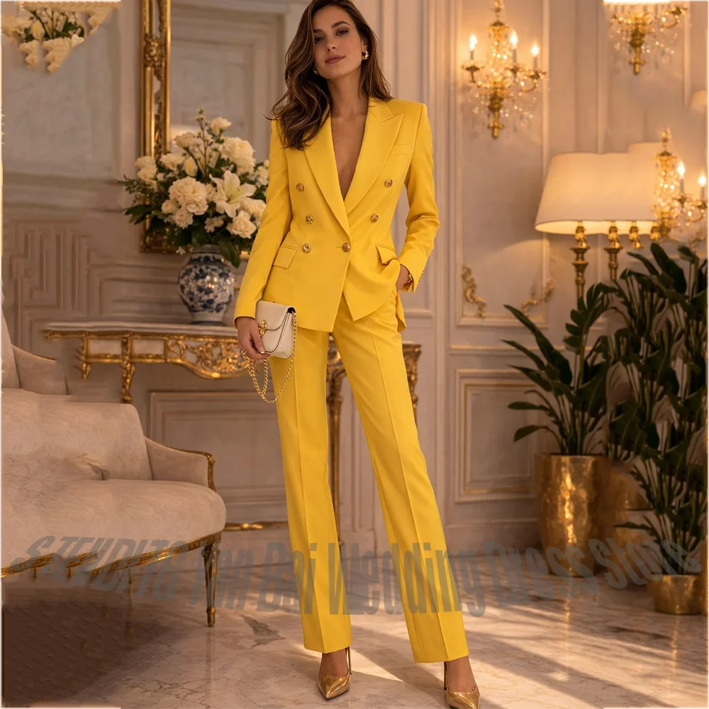 Bright Yellow Double Breasted Women Suit Gold Buttons Tailored Blazer Pants Regular Fit Formal Attire for Party Daily Office