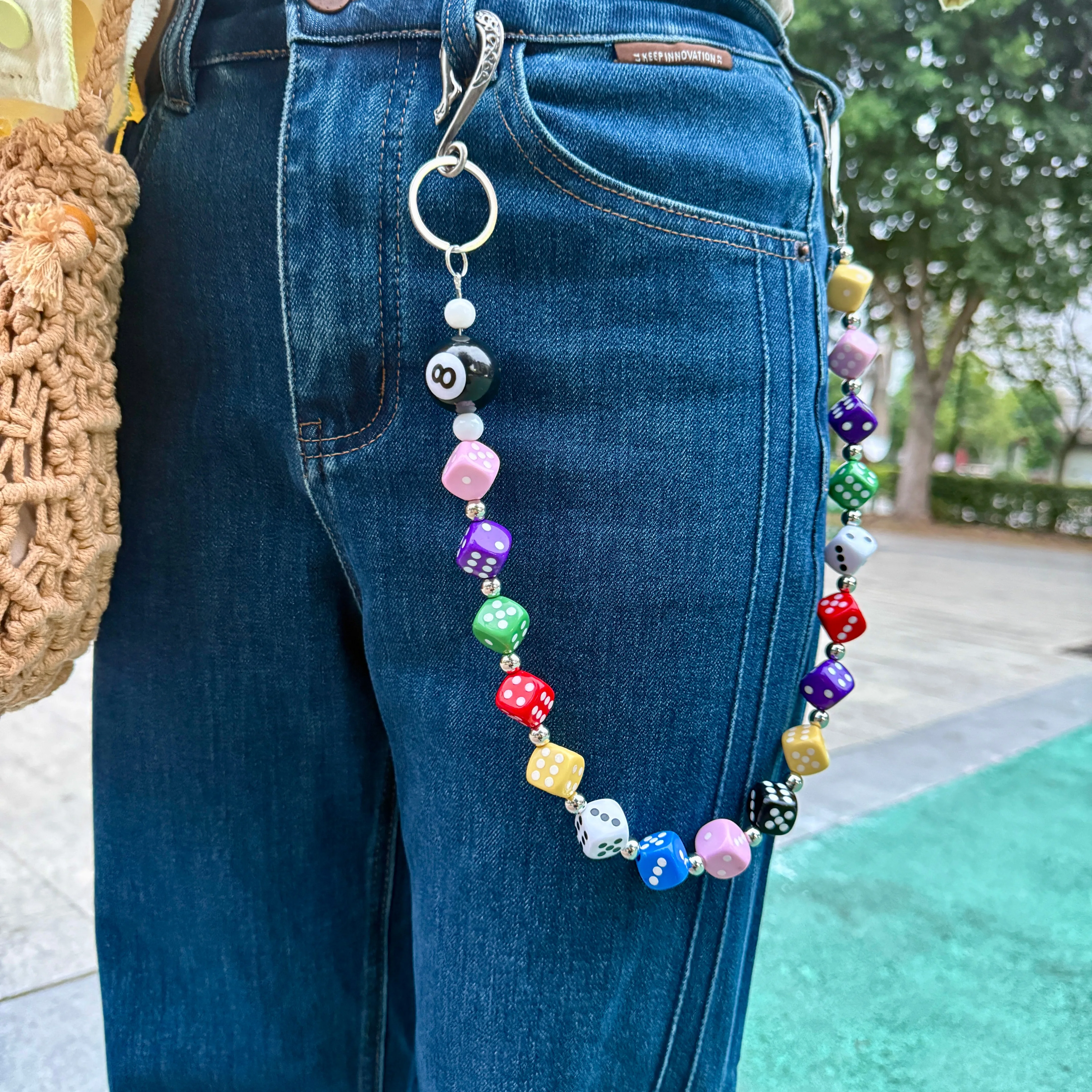 

Hip hop niche style pants chain, paired with multi-color acrylic dice and black number 8 fashion elements waist decoration
