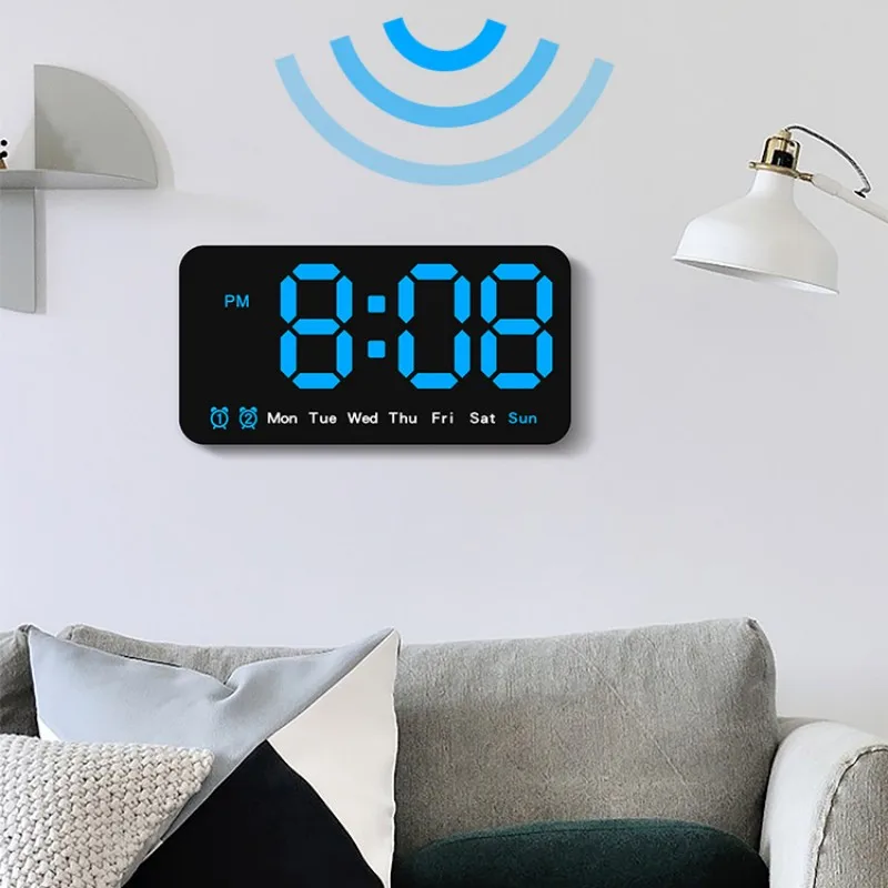Sprachsteuerung, große digitale Wanduhr, Temperatur, Datum, Woche, DST, Schlummer-Tischuhr, 12/24 Stunden, Dual-Alarm, Wand-LED-Uhr – Detail 25