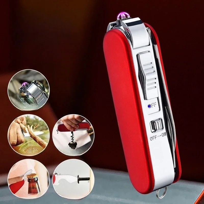 Metal Windproof Multifunctional USB Dual Arc Lighter Keychain Bottle Opener Portable Cigarette Lighter Men's Outdoor Tools