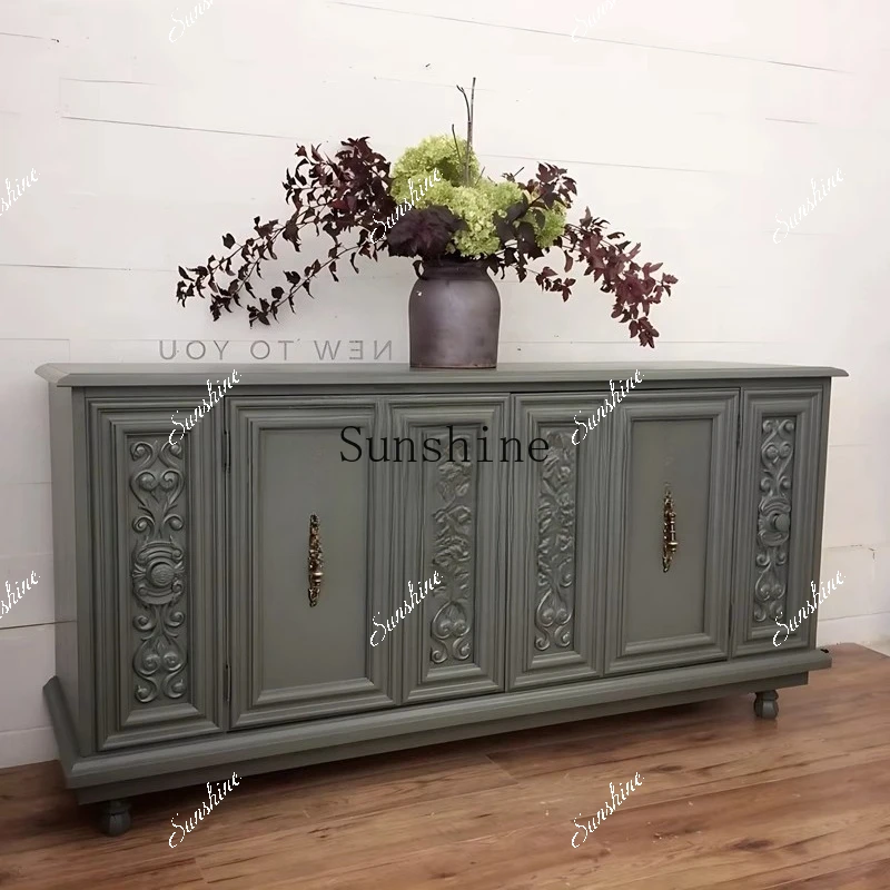 

French retro premium green living room storage cabinet solid wood carving flower entrance cabinet FT