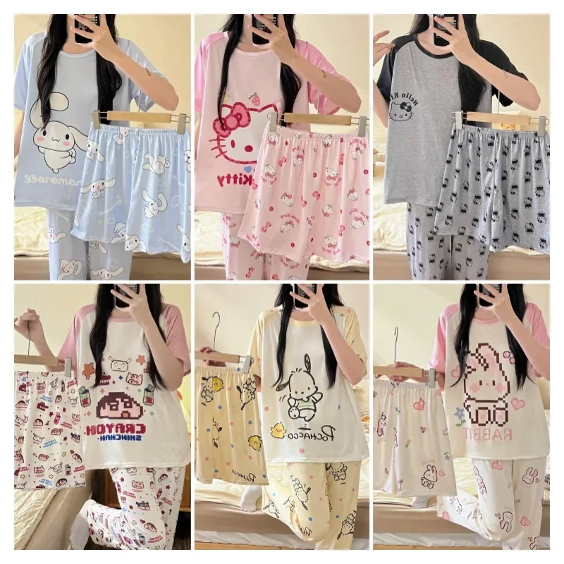 Cartoon Cute Pyjama Set Three Pieces Summer New Style Round Neck Short Sleevesshortstrousers Home Clothes Suit