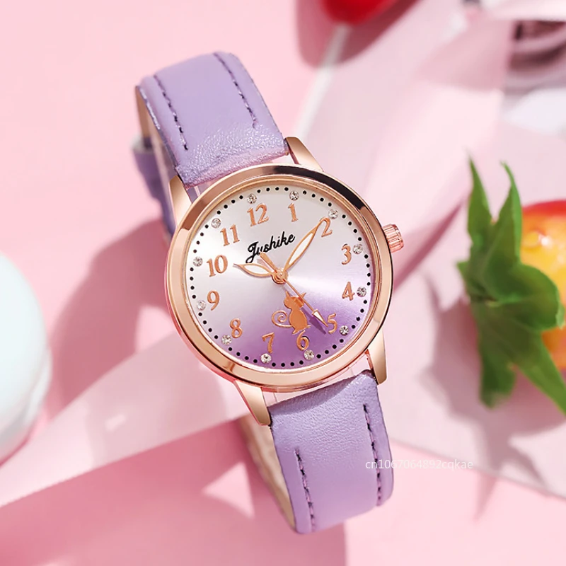 Casual Children Cute Cat Watch Simple Rhinestone Girls Wristwatch Gradient Color Leather Quartz Kids Clock Gift Children Watches