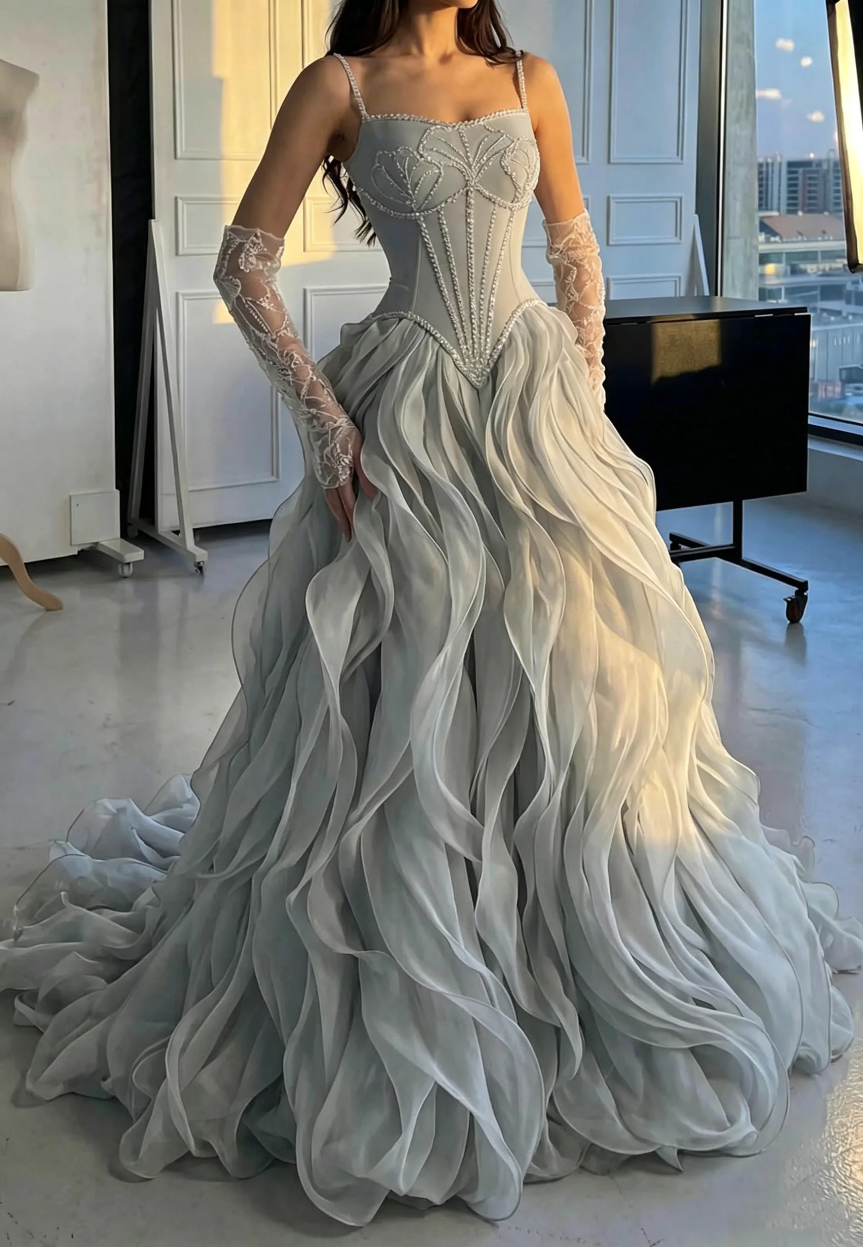 

Silver Gray Evening Dress with Beaded Floral Embroidery Formal Gown Ruffled Organza Night Dresses Prom Dresses Customized