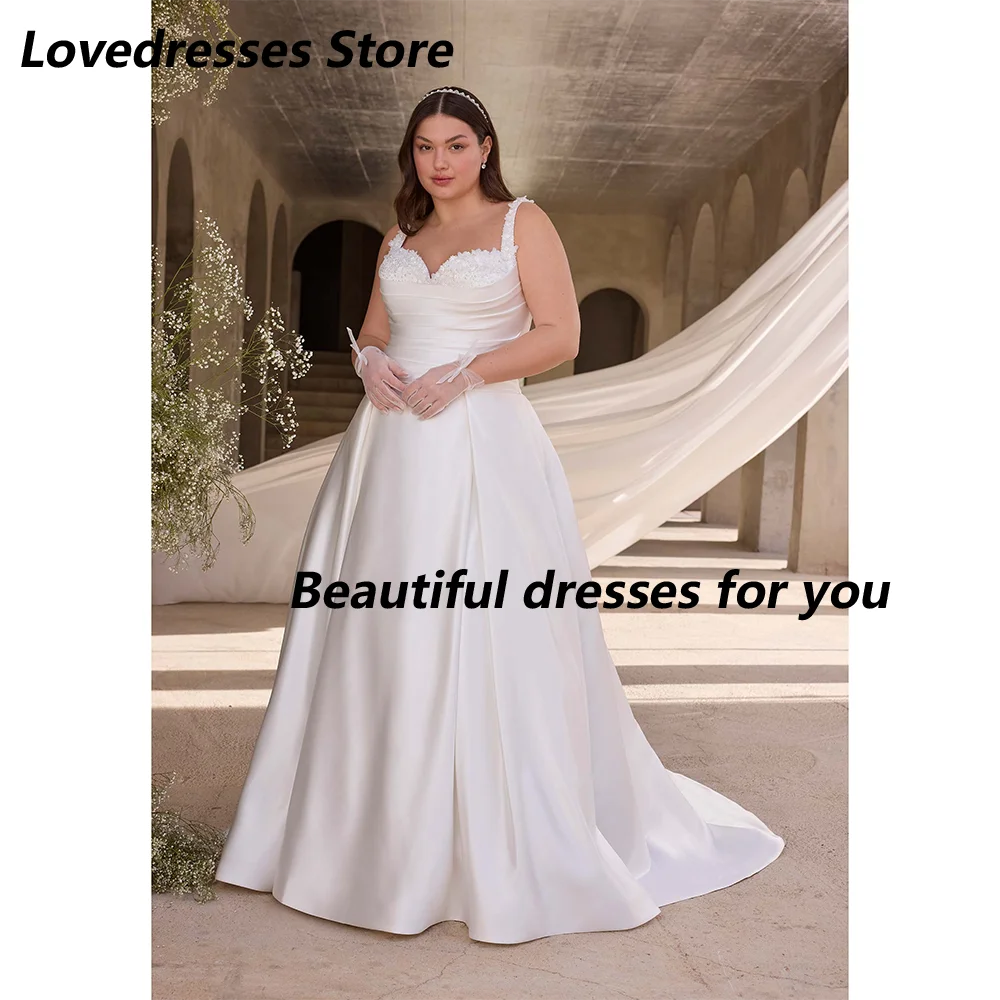 

Wedding Dresses Plus Size Customized Sleeveless V Neck Beads Pleat Satin A Line Bridal Gown Sweep Train Bride Dresses