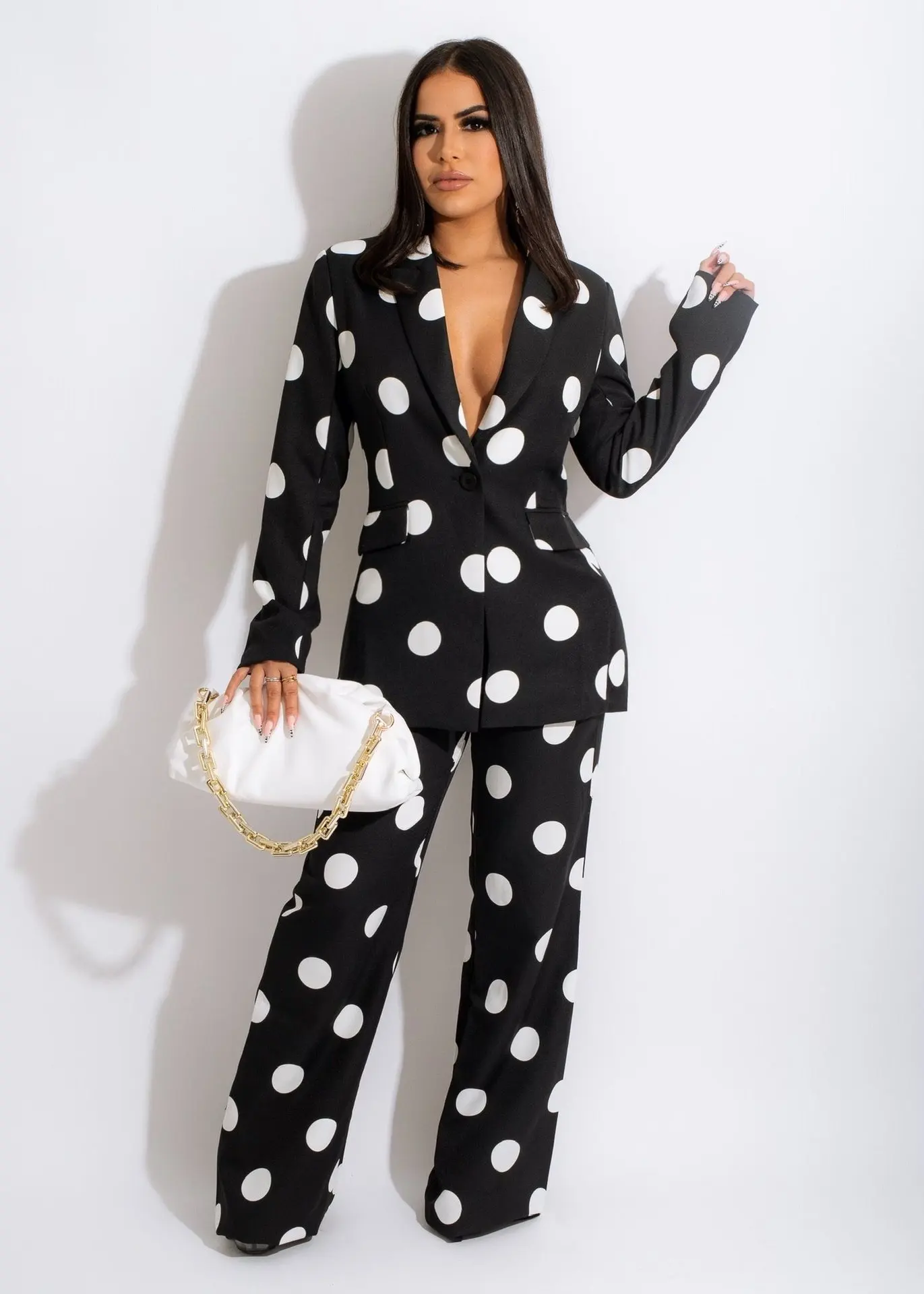 

Polka Dot Print Two Piece Set Women Suit Elegant Blazer Coat Tops and Pants Suits Office Lady Work Wear Business Matching Sets