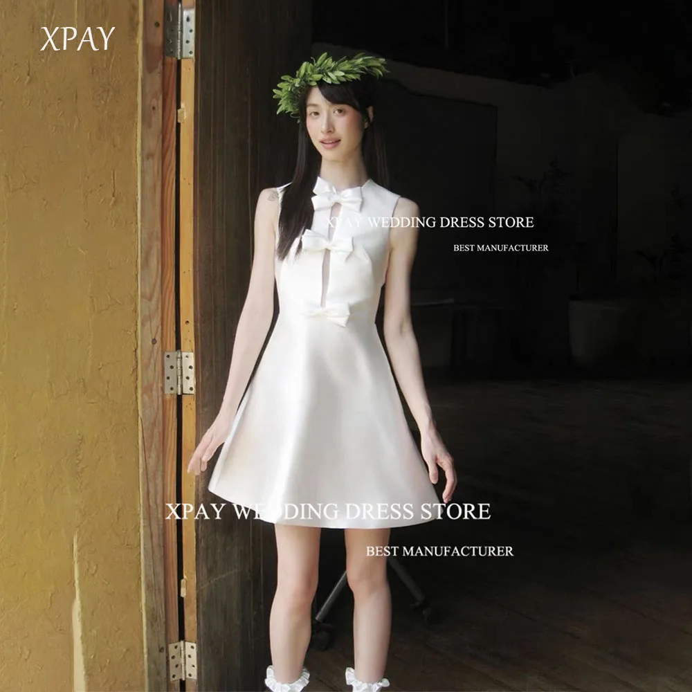 

XPAY Cute Bow Ivory Sleeveless Mini-Length Wedding Dresses Flowing A-line Bride Gowns Korea Photoshoot Customized Soft Stain