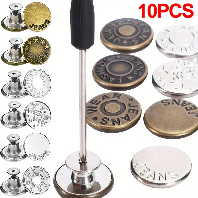 10Pcs Metal Jeans Buttons 17mm Replacement No-Sewing Screw Button Repair Kit Nailless Removable Jean Buckles Clothing Pants Pins