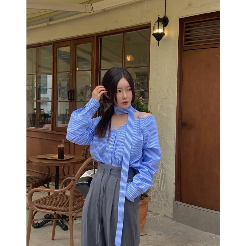 

Women's Loose Straight Stripe irt One-oulder Adjustable Strap Waist-Cinching Slimming Long Sve Commute Sle Top