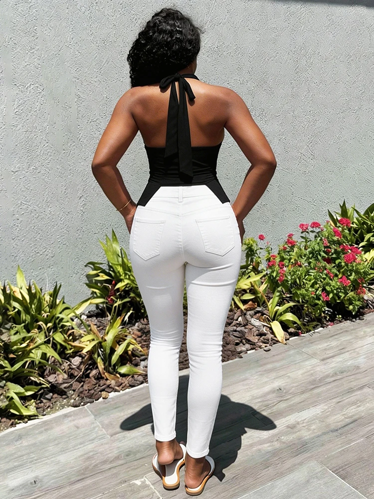 Sisterlinda Trend Damen Cross-Bandage Tanktop mit Dekoration, Neckholder, tiefem Ausschnitt, rückenfrei, unregelmäßige Form, sexy Sommer-Mode-Westen – Detail 15