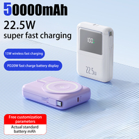 Mini 50000mAh Power Bank Magnetic Qi Built-in Cable Wireless Charger Power Bank 22.5W Fast Charging For iPhone Samsung Huawei