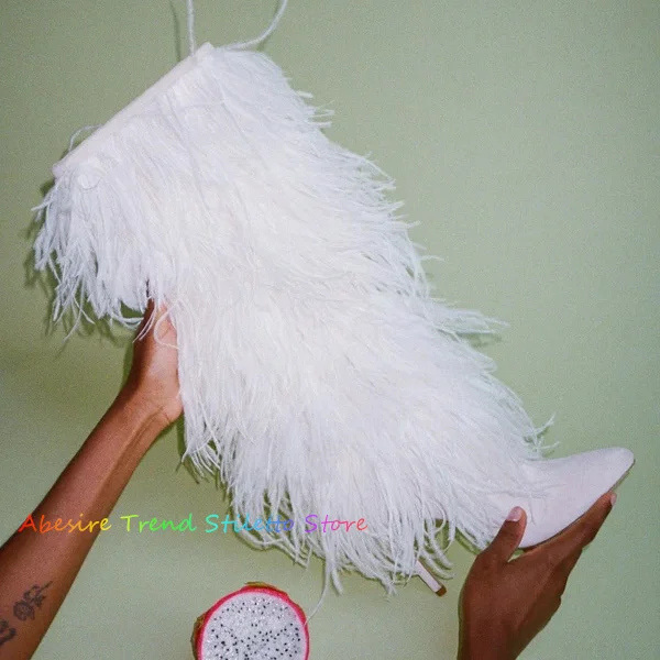 White Pointed Toe Thin High Heel Boot Fluffy Faux Fur Suede Stiletto Heel Knee High Boot Designer Brand Party Dress Shoes