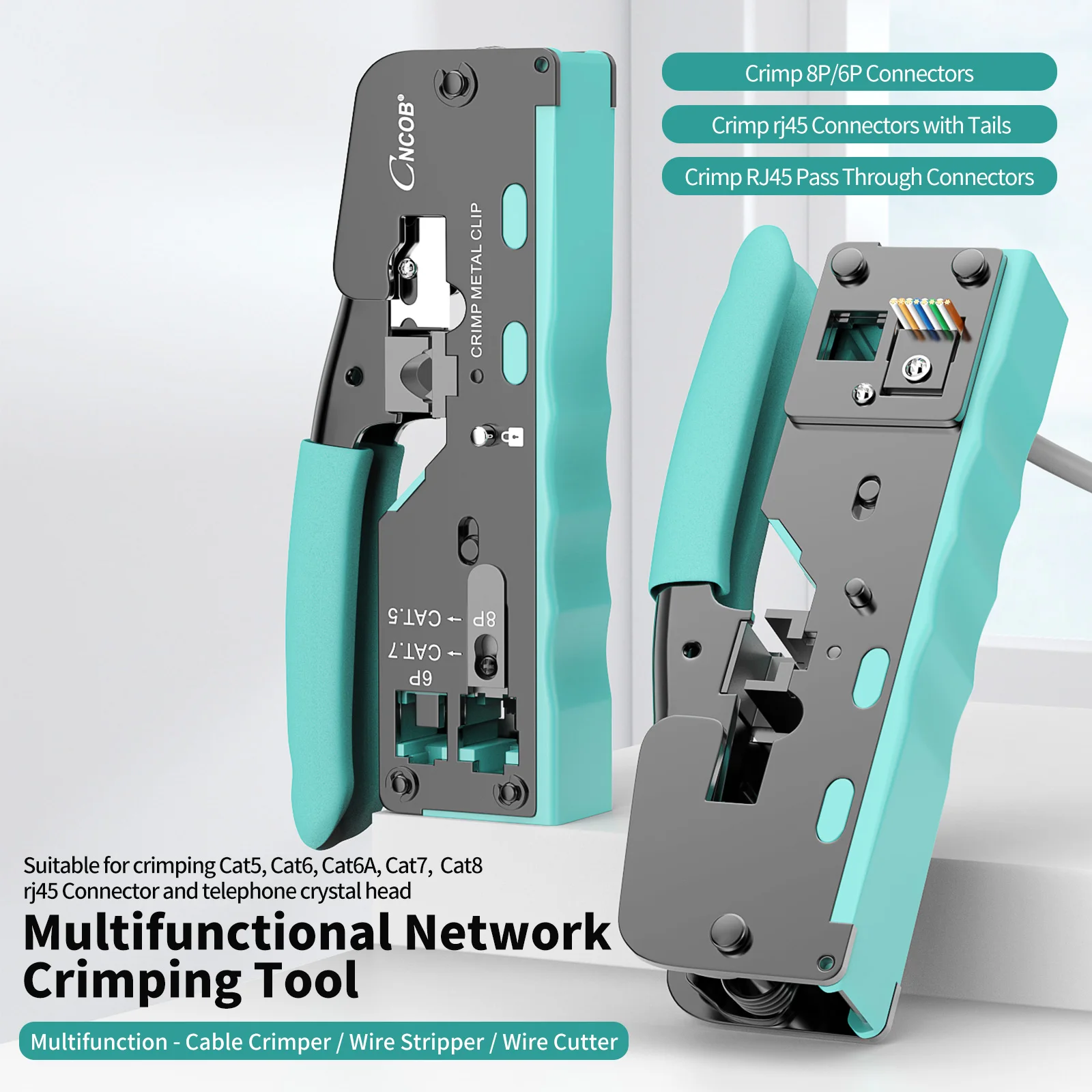 CNCOB RJ45 Pass Through Crimping Tool for Cat8 Cat7 6A Cat6/5e Ethernet Modular Plugs Ends Connectors, All-in-One, RJ11 Crimp