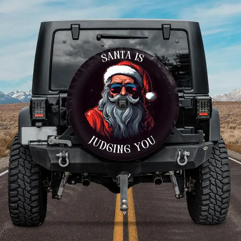 Funny Christmas Tire Cover Santa is Judging You, Christmas Spare Tire Cover with backup camera hole, spare wheel cover xmas