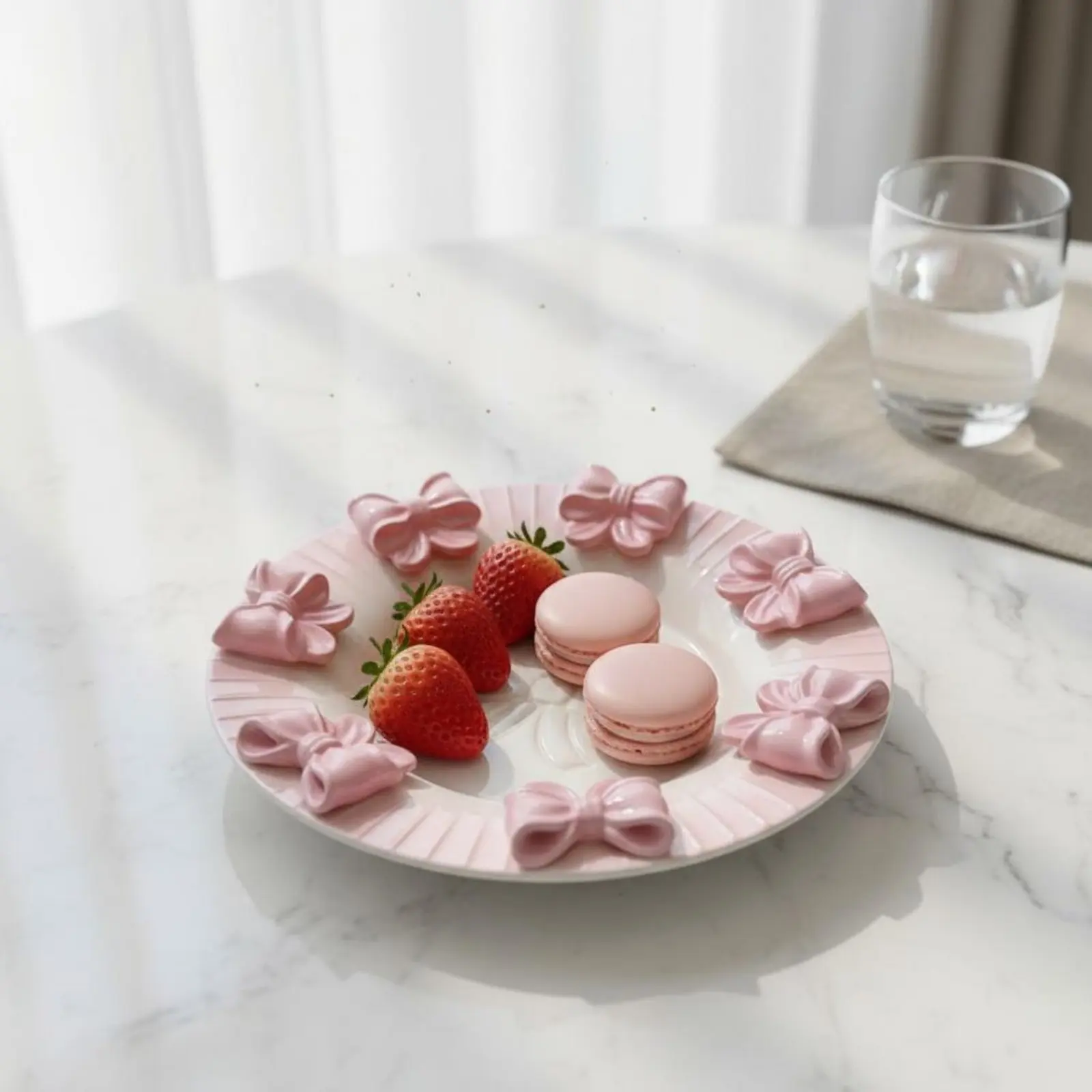 

Dimensional Embossed Ribbon Plate Hand-Painted Rose Ribbon Plate Ceramic Bowknot Dish Versatile Use Fluted Border Salad Bowl