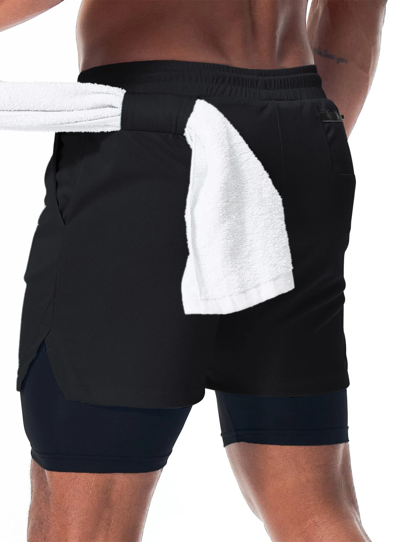 Men's 2-in-1 running compression shorts, training gym sportswear, multi-functional fitness shorts with pockets