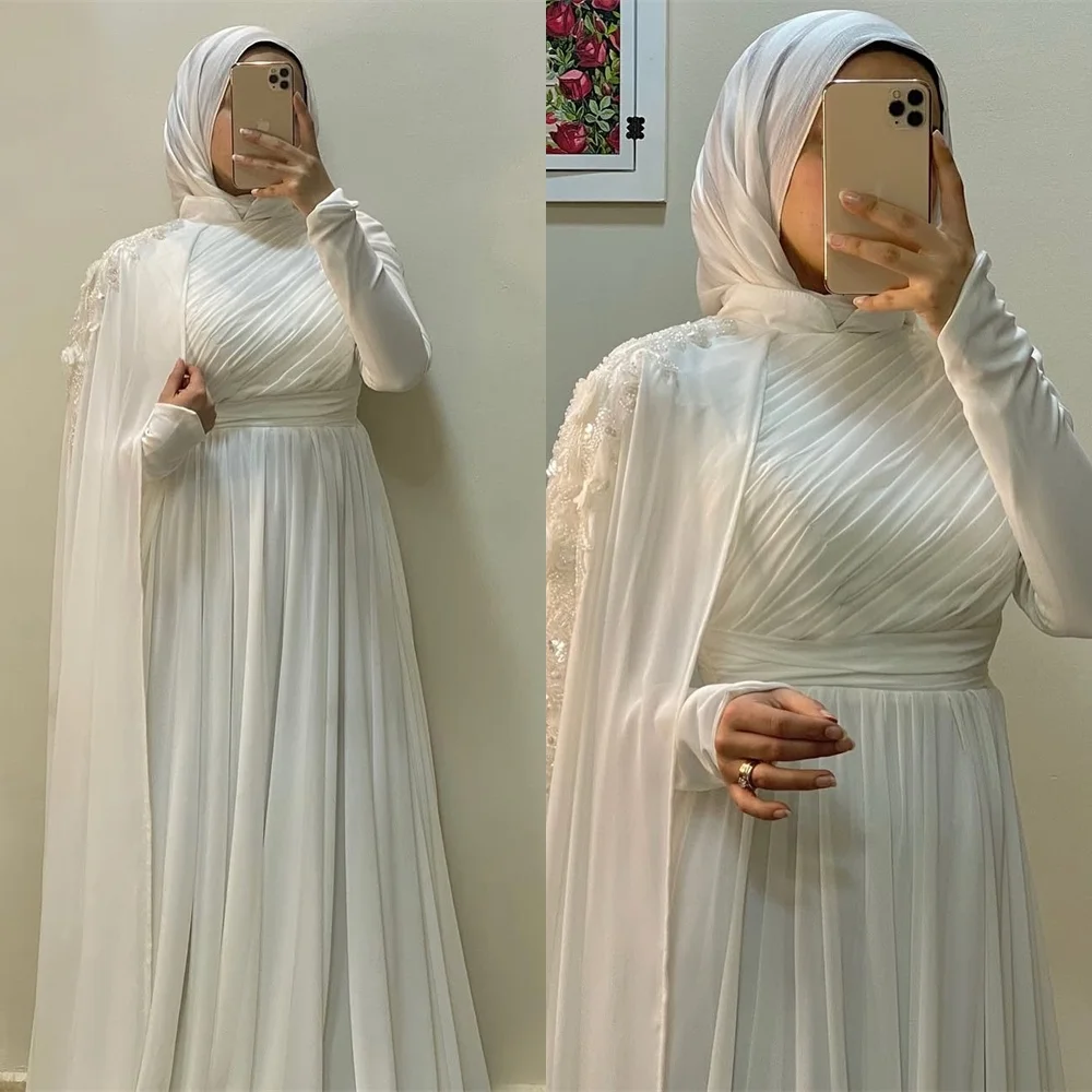 

Customized High Quality White Organza Wedding Dress Classic High Neckline Shawl Long Sleeves Chapel Train A-Line Bridal Gowns