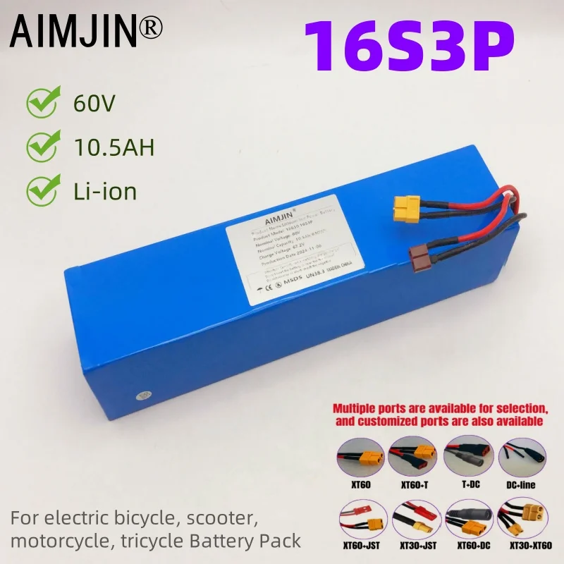 original 60V 10.5Ah battery 18650 16S3P 1000W-1800W high-power lithium battery with built-in BMS lithium-ion battery pack