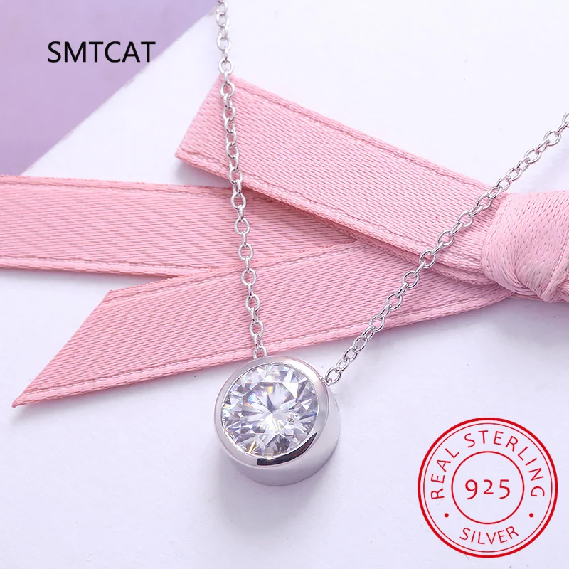 D color Round Excellent Cut Moissanite Pendant Bezel Setting 1CARAT 6.5MM Gift for Women Pendant Necklace Plated 14K White Gold