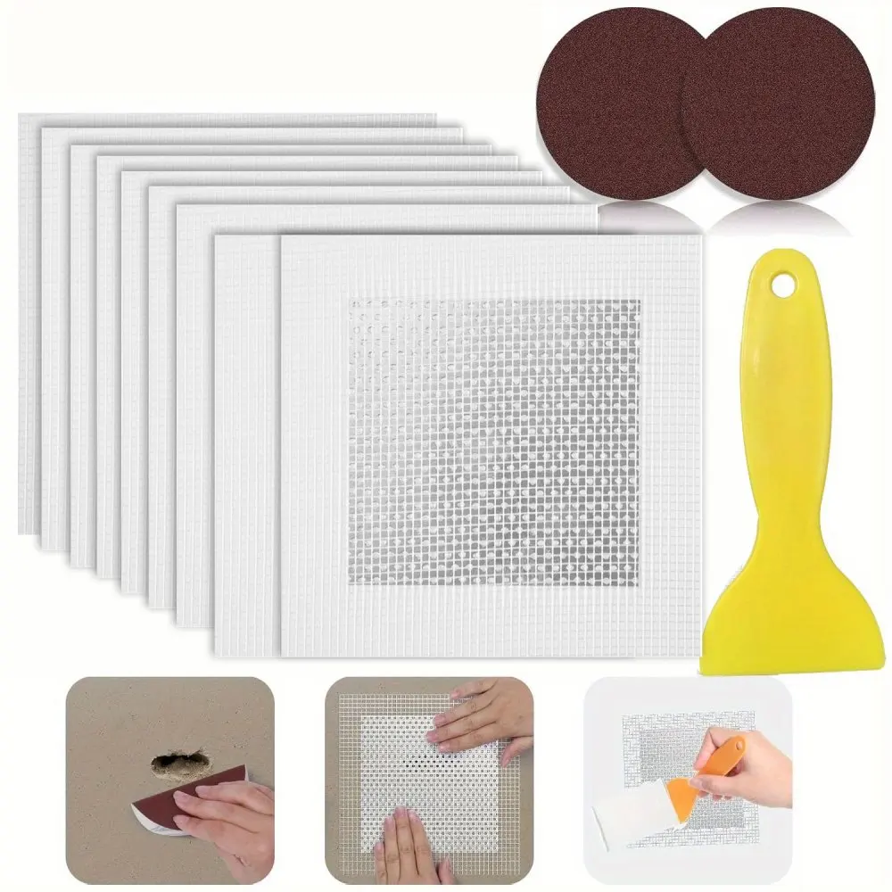 4Pcs/Set Mesh Wall Repair Patch Adhesive Fix Net Drywall Hole Ceiling Plaster Damage Aluminum Plate 4Inch With Scraper Sandpaper