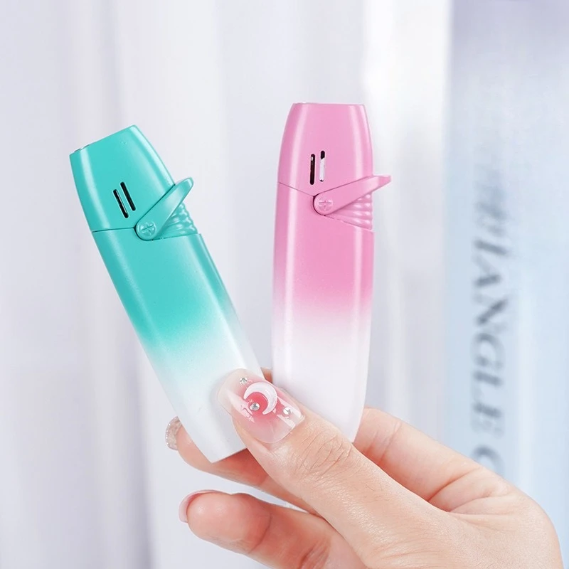 2026 Metal Gradient Inflatable Rocker Lighter Windproof Pink Flame Butane Gas Outdoor Lighter High Beauty Gift for Men and Women