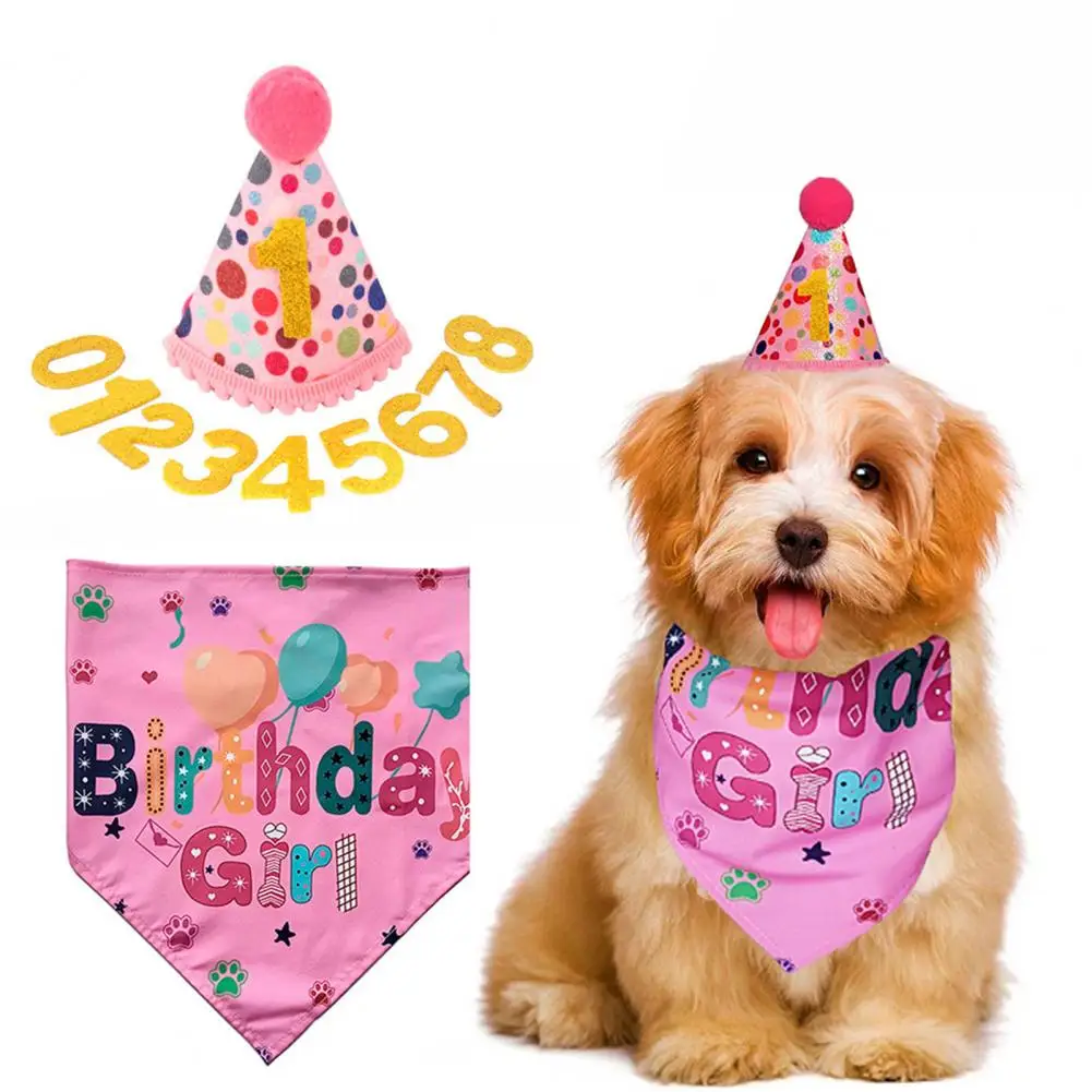 Dog Party Hat Dog Birthday Party Supplies Set Hat Bandana Outfit Numbers Costume Accessory Reversible Pink Scarf for Small