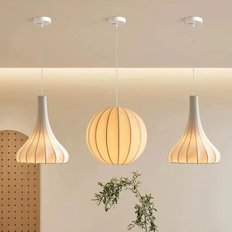 Japanese Wabi-Sabi Style Silk Pendant Light Restaurant Bar Counter Bedroom Living Room Study Creative Lantern Retro Hanging Lamp