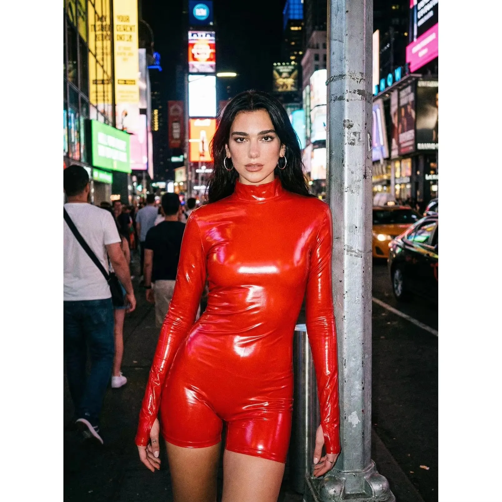 Women Shiny PU Leather Short Catsuit Turtleneck Long Sleeve Finger Loop Back Zipper Wet Look Unitard Clubwear Cosplay Jumpsuit
