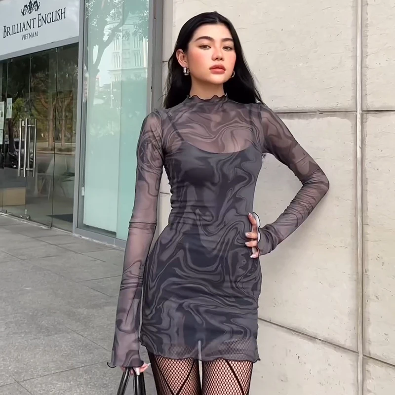 여성용 섹시한 원피스 투피스 세트, 메쉬 시스루 슬림 파티 스트랩, 미니 원피스, 캐주얼 패션, 우아한 클럽웨어, 긴 소매, 여름