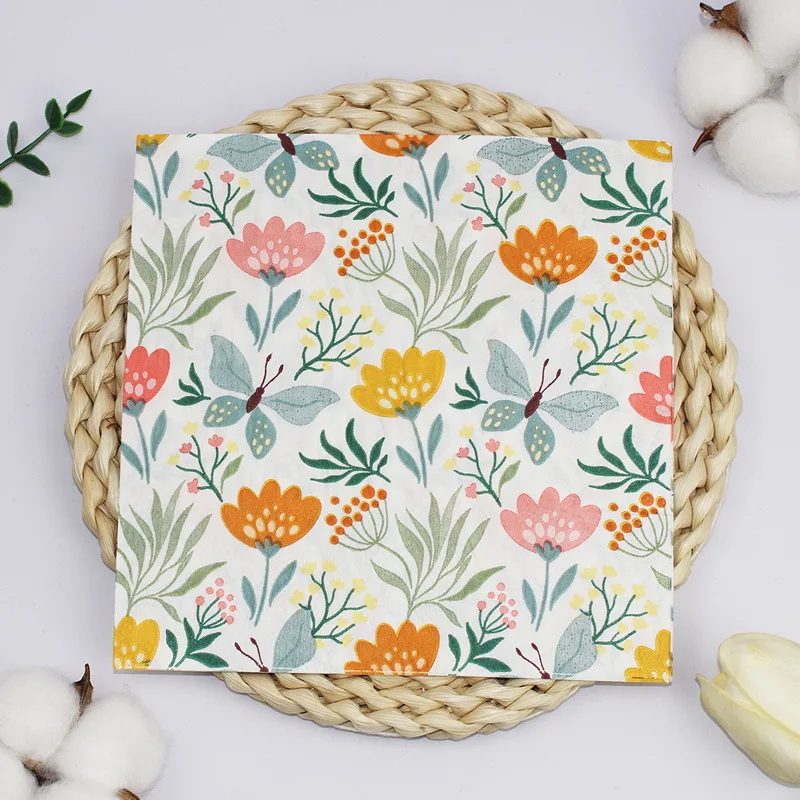 MODA Floral Butterfly Printed Napkins -Cartoon Flower Design Elegant Square Paper Napkins for Wedding,Party, Table Decoration