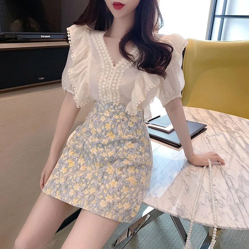 Party Women's Two Piece Set Short Sleeve Skirt Office Kawaii Solid Color Female Outfits Lightly Cooked Y2k Streetwear Korea Full