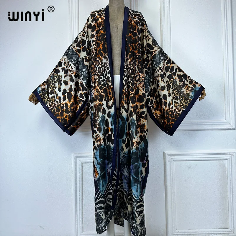 WINYI boho Leopard print Kimonos loose dresses for woman Cardigans beach outfits kaftan cover up evening dress long down coat