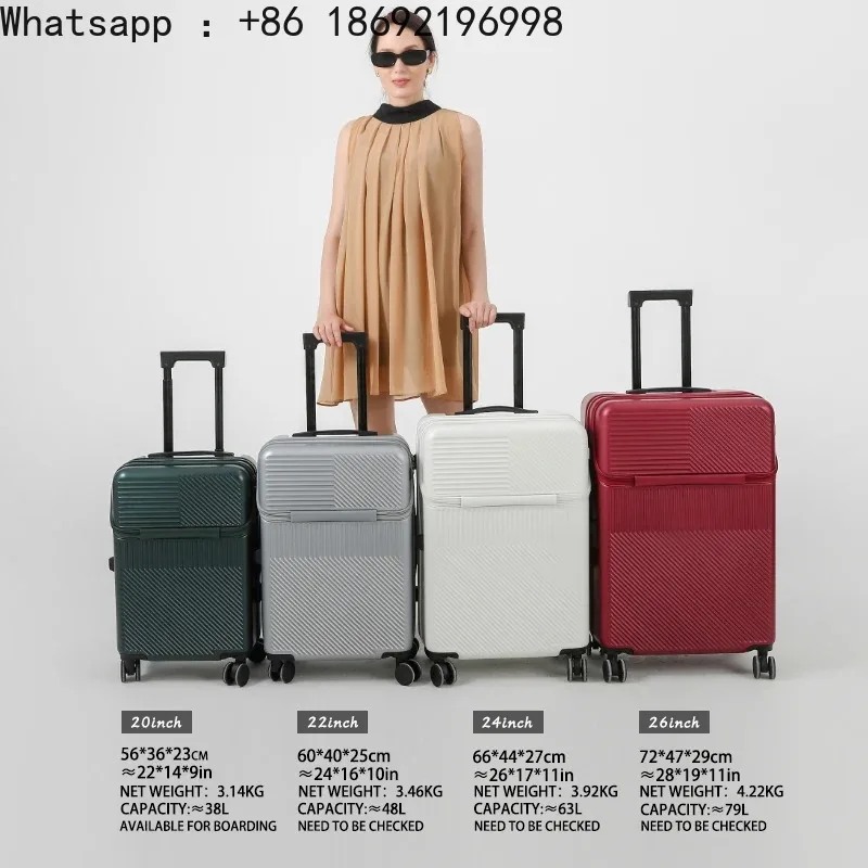 Front Opening Pocket Suitcase Travel Rolling Luggage Aluminum Alloy Trolley ABS+PC Case Bag with Spinner Wheel USB Charging Port