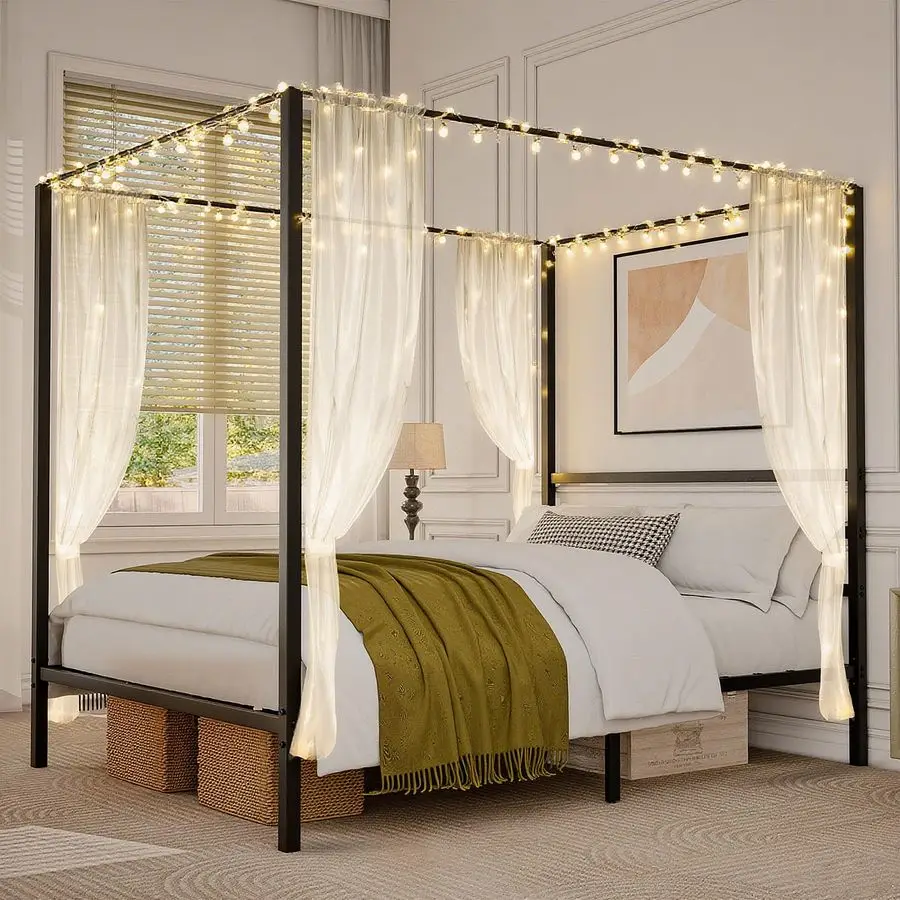 DEAL Queen Size Canopy Bed Frame, Metal Bedframe with Builtin Headboard Four Poster 14 Inch Platform Mattress Foundation Sturdy