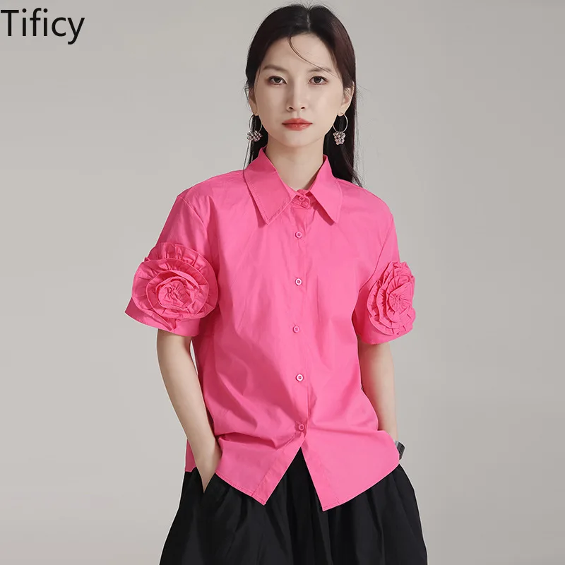 

TIFICY Rose Sticker Short Sleeved Shirt Summer Blouses 2024 New Niche Women's Design Single Breasted Small Shirt Tops