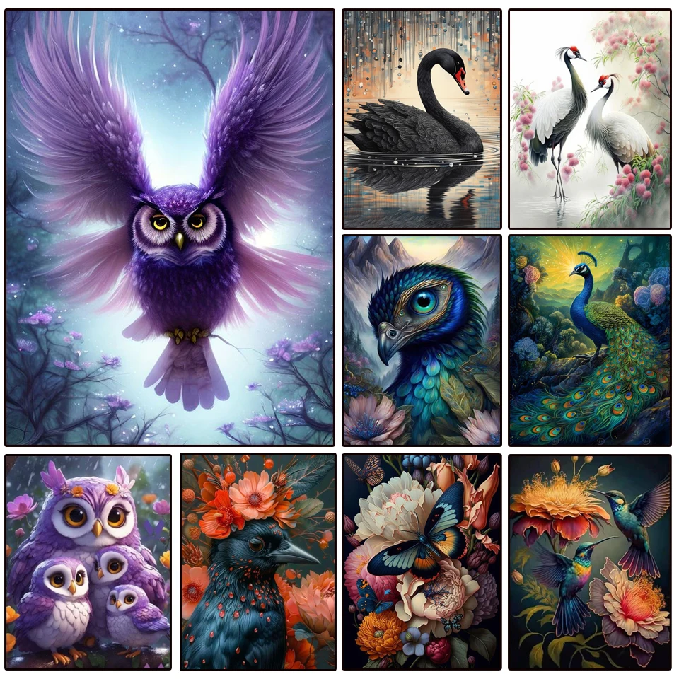 Diamond Mosaic Bird Picture Rhinestones Painting Animal Owl Peacock Swan Full Square 5D DIY Embroidery Cross Stitch Handicraft