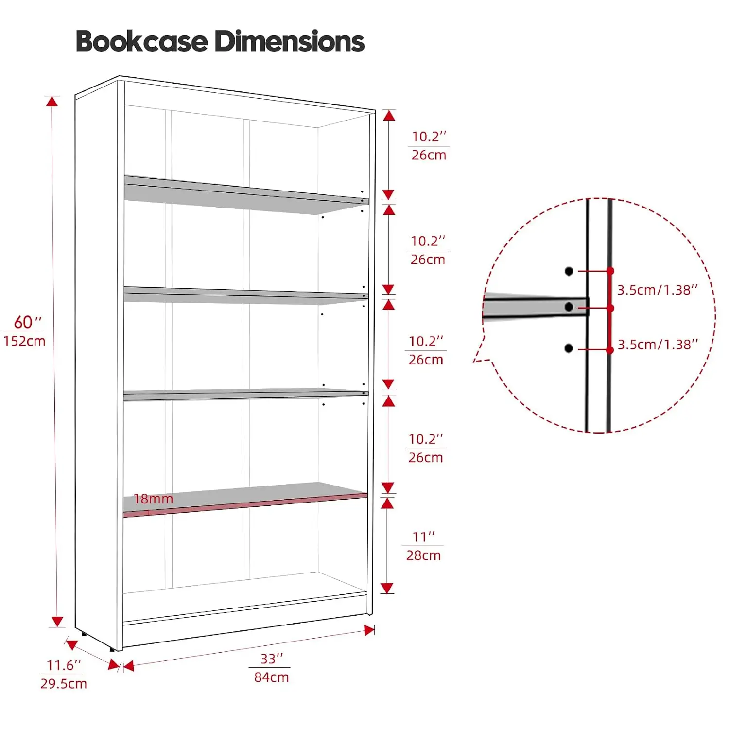 60 Inch 5 Shelf Adjustable Bookcase for Home Office Black, Customized