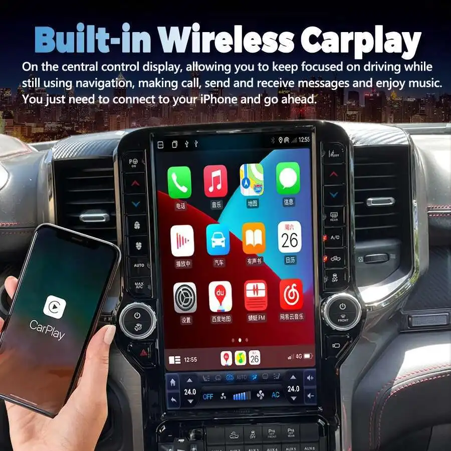 For Dodge Ram 2019 - 2023 Stereo Navigation Android Media Video Player Big Qled Screen 4G Head Uint Auto Radio Wireless Carplay