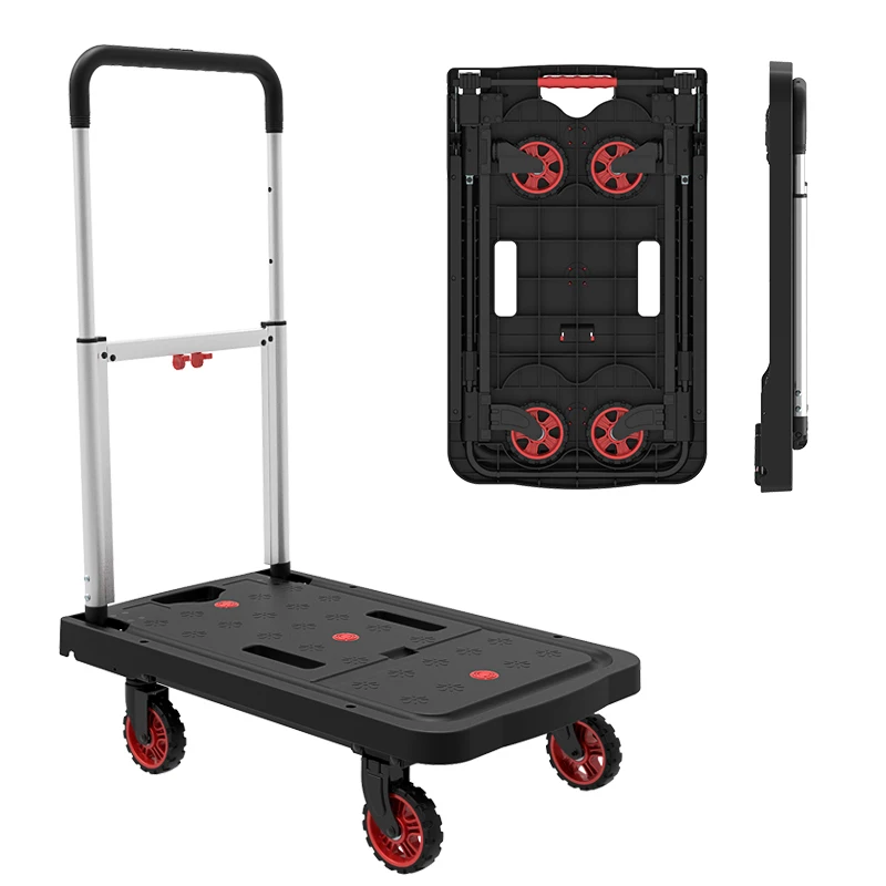 

Black 4 Wheel L67*W41cm Portable 150kg Capacity Easy Carrying Plastic Folding Flat Form Truck Trolley