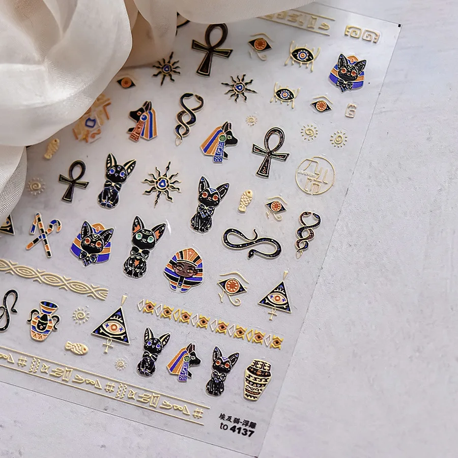 New Bronzing Gold Ancient Egyptian Elements Cat Snake High Quality Nail Art Stickers Adhesive Design DIY Nail Decals