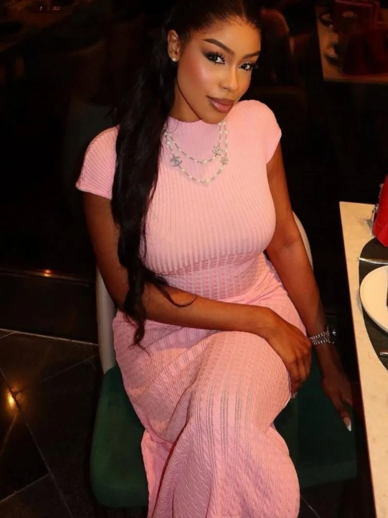 ファッションニットスリムフィットドレス夏服女性半袖ボディコンマキシロングドレスエレガントなリブセータードレス Vestidos