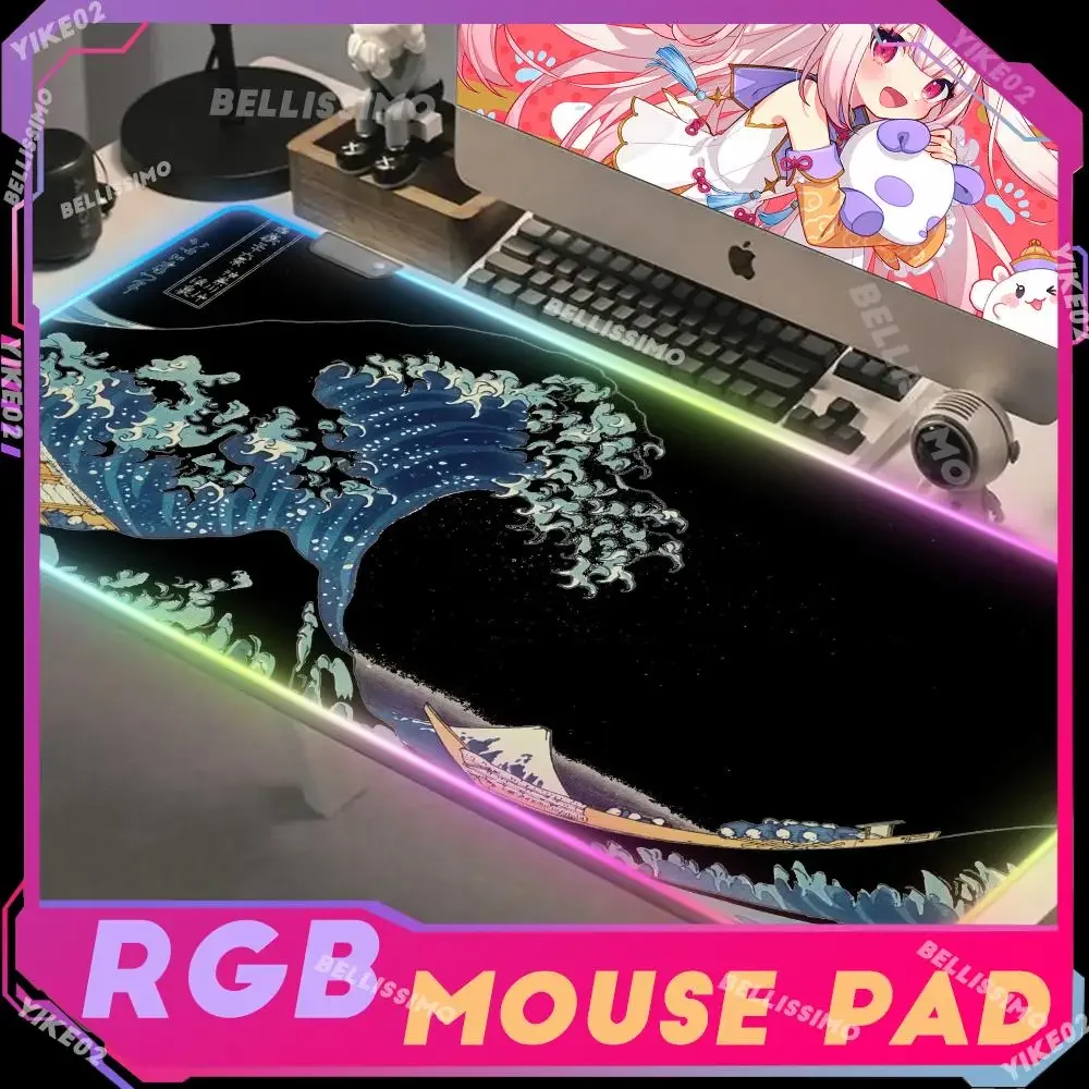 

RGB Cool non-slip Kanagawa wave Mouse Pad Deskmat Keyboard Office Xxl Great Wave Off Art Back Light HD printing Gamer Tablemat