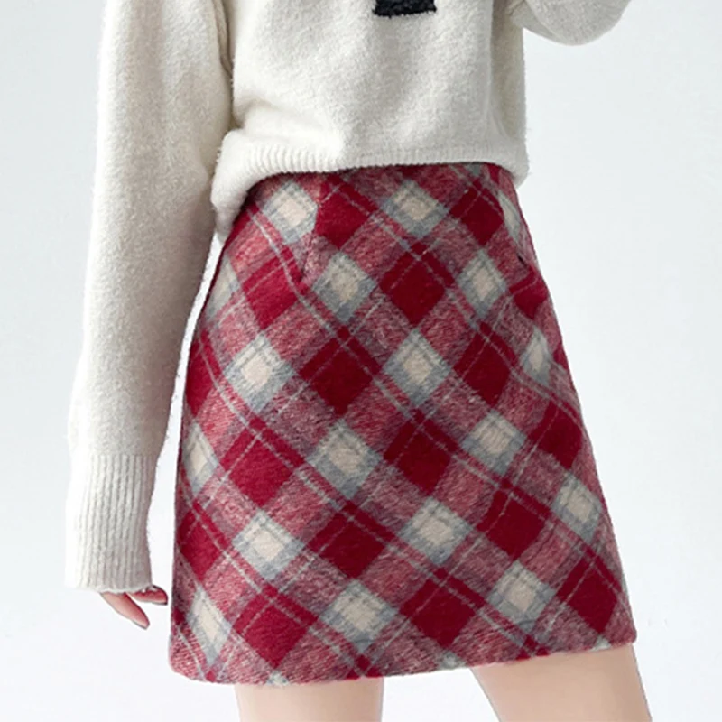 Women's Autumn Vintage Woolen Plaid Skirt Korean High Waist Hip Wrap A Line Skirts Woman Preppy Style Contrast Casual Mini Skirt
